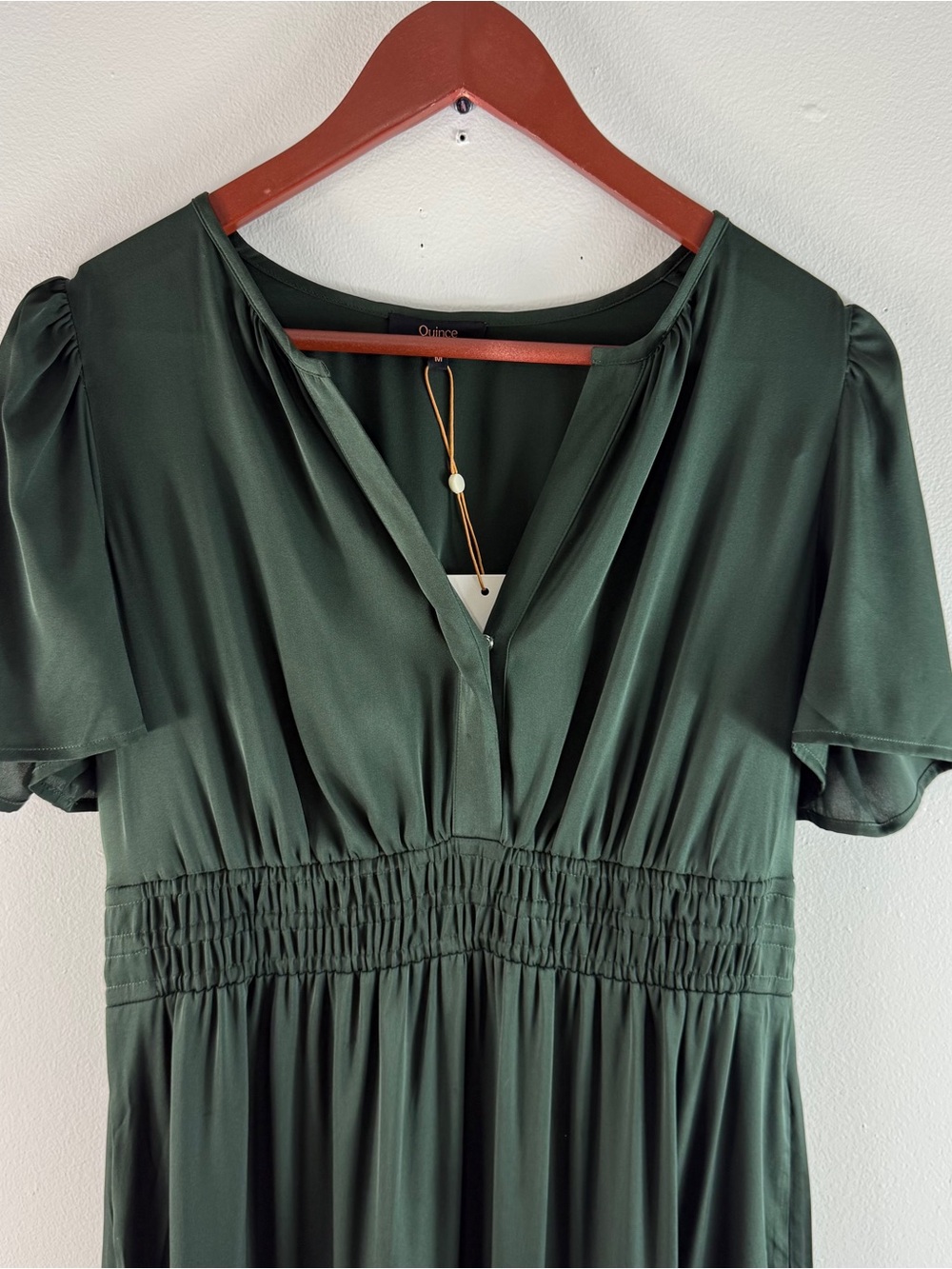 Quince Washable Silk Tiered Maxi Dress Dark Forest Green Size M V Neck Pockets - Picture 5 of 14
